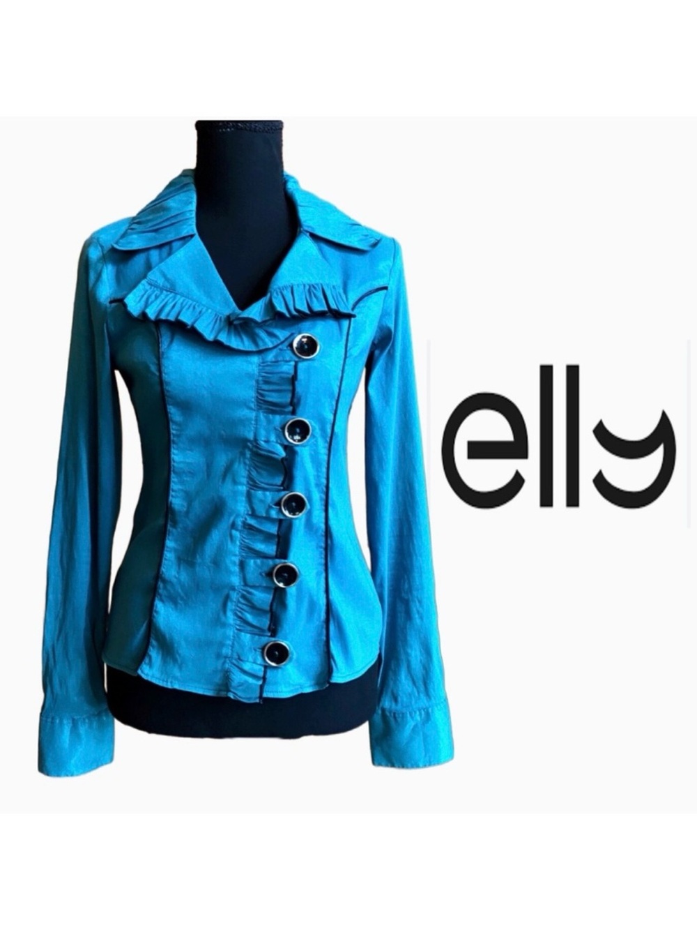 ELLY Blouse Turquoise Black Piping Ruffle (Euro 40/Small)